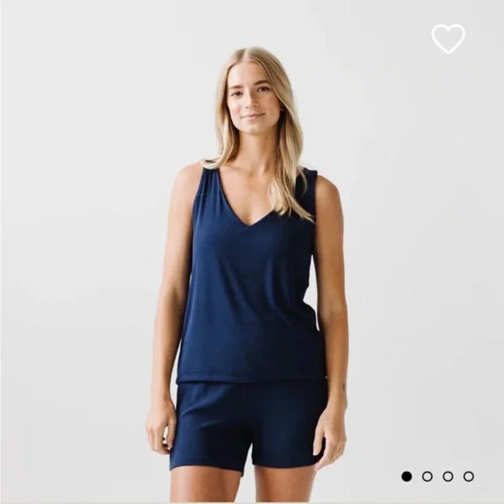 Cozy Earth Rib Knit V Neck Lounge Tank Top, Navy, Size S